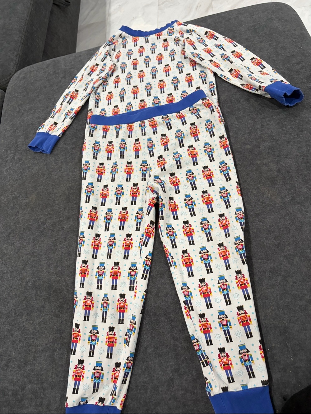 Kids White Nutcracker Print Pajama Set with Blue Trim